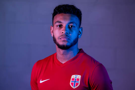 Joshua King of the Norwegian national football team poses