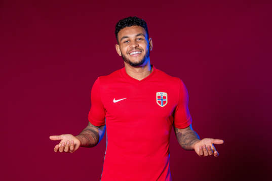 Joshua King of the Norwegian national football team poses