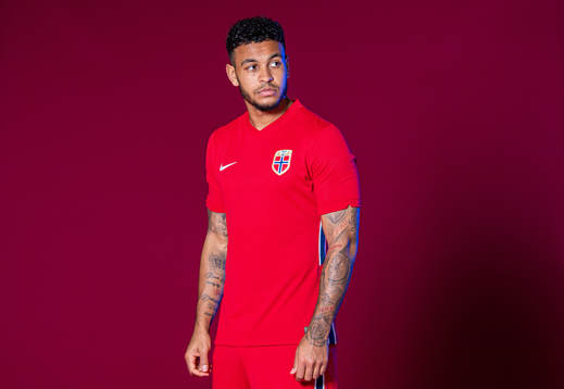 Joshua King of the Norwegian national football team poses