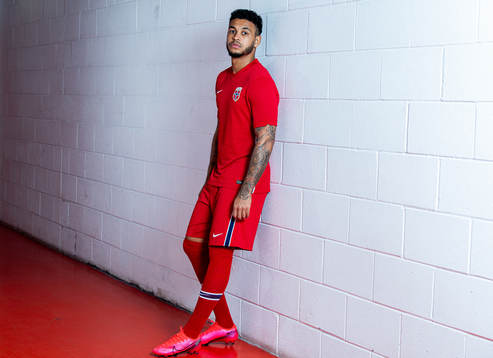 Joshua King of the Norwegian national football team poses