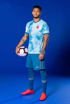 Joshua King of the Norwegian national football team poses