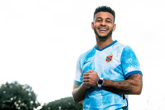Joshua King of the Norwegian national football team poses