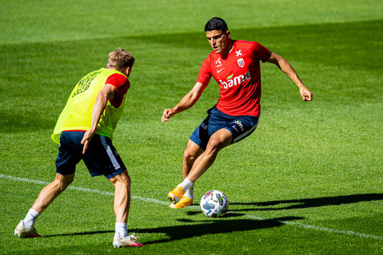 Jonas Svensson and Mohamed Elyounoussi of the Norwegian