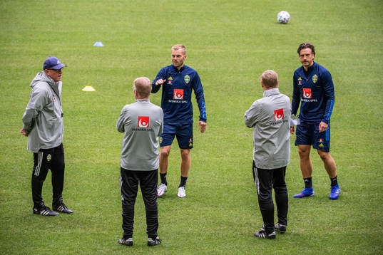 Janne Andersson, head coach, Lasse Jacobsson and Peter
