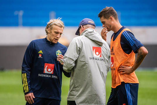 Emil Forsberg, Janne Andersson, head coach, and Mikael