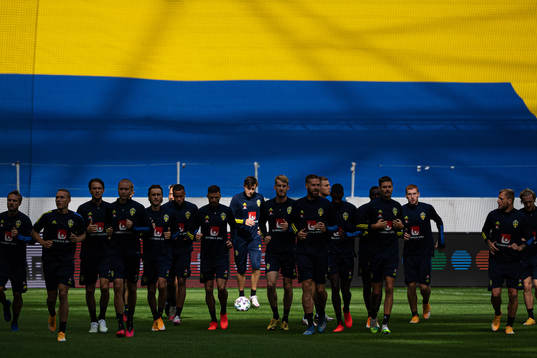 Players of the Swedish national football team warming up