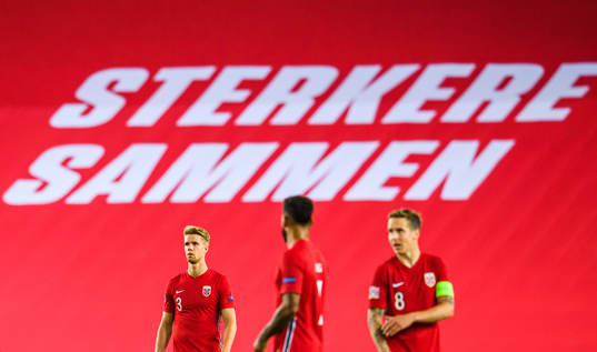 Kristoffer Ajer, Joshua King and Stefan Johansen of Norway