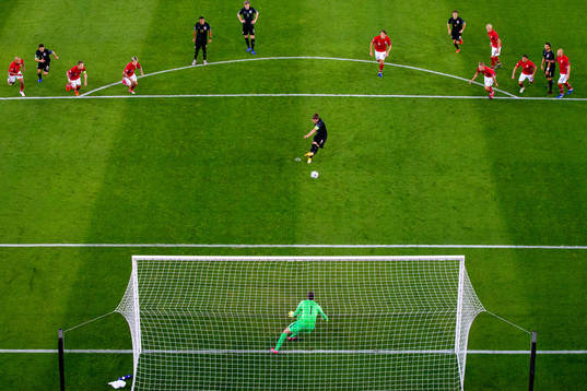 Marcel Sabitzer of Austria scores the 0-2 goal with a