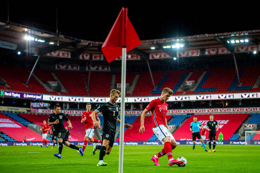 Stefan Posch of Austria and Alexander Sørloth of Norway