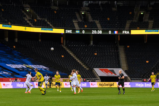 General view over Friends Arena with empty stands due to