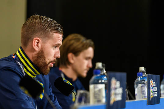 Pontus Jansson and Kristoffer Olsson of Sweden at a press