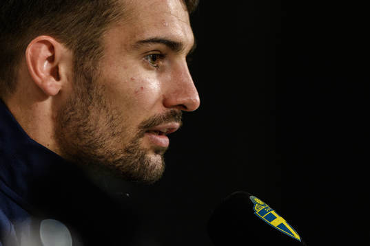 Léo Dubois of France at a press conference