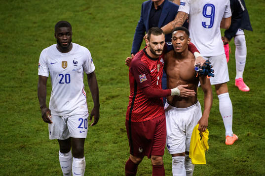 Dayot Upamecano, goalkeeper Hugo Lloris and Anthony Martial