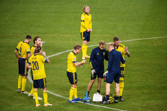 Pontus Jansson of Sweden receives medical attention