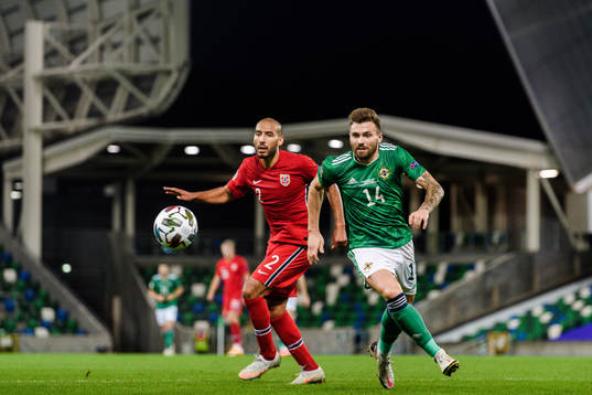 Haitam Aleesami of Norway and Stuart Dallas of Northern