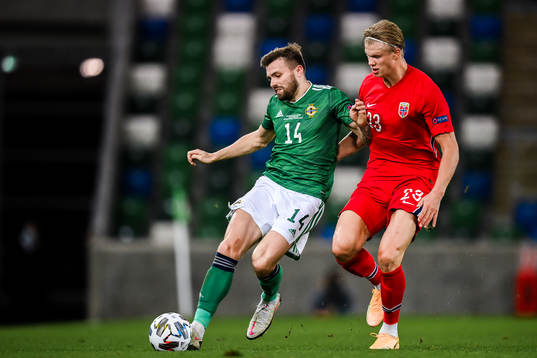 Stuart Dallas of Northern Ireland and Erling Braut Haaland