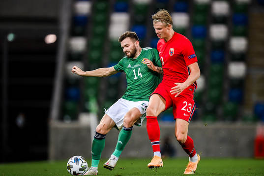 Stuart Dallas of Northern Ireland and Erling Braut Haaland
