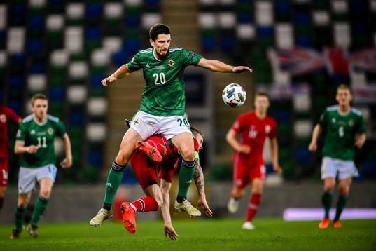 Craig Cathcart of Northern Ireland against Stefan Johansen