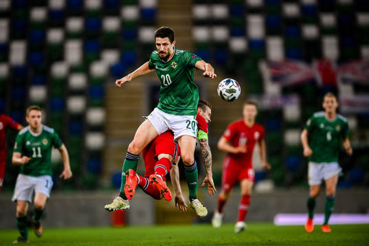 Craig Cathcart of Northern Ireland against Stefan Johansen