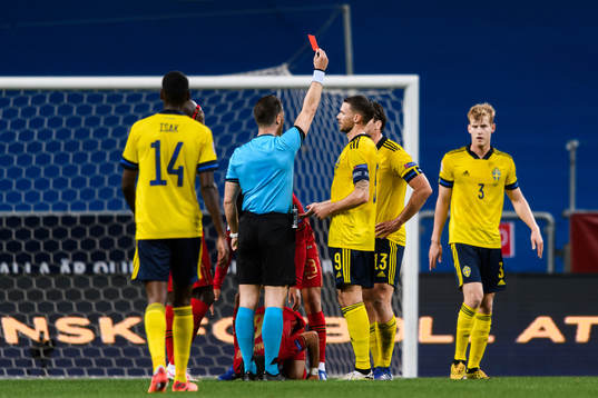 Gustav Svensson of Sweden receives a red card