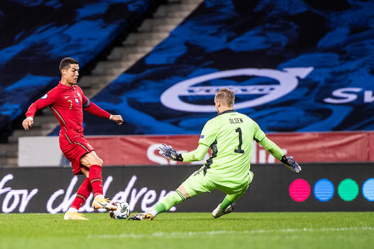 Cristiano Ronaldo of Portugal and goalkeeper Robin Olsen of
