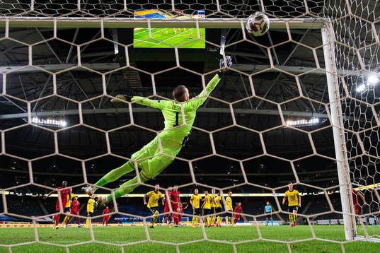 Goalkeeper Robin Olsen of Sweden lets in the 0-1 goal from