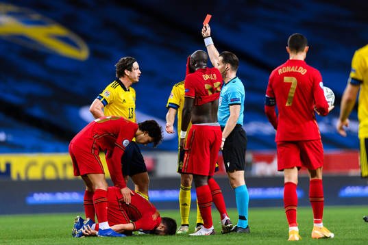 Gustav Svensson of Sweden receives a red card