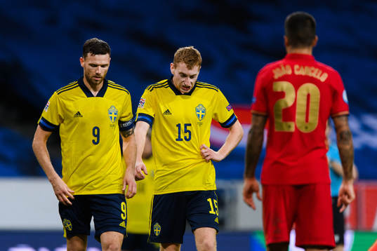 Marcus Berg and Dejan Kulusevski of Sweden look dejected