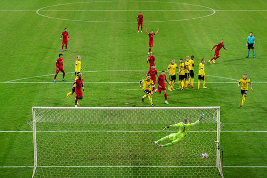 Goalkeeper Robin Olsen of Sweden lets in the 0-1 goal from