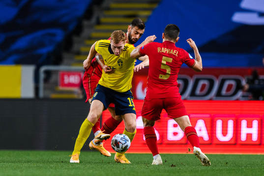 Dejan Kulusevski of Sweden against Bruno Fernandes and