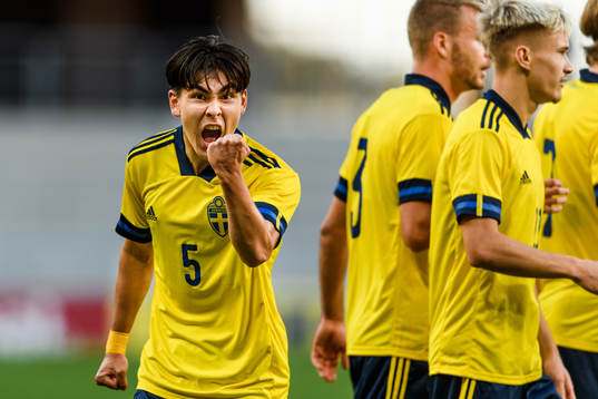 Eric Kahl of Sweden celebrates the 1-0 goal by Pontus
