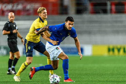 Svante Ingelsson of Sweden and Gianluca Scamacca of Italy