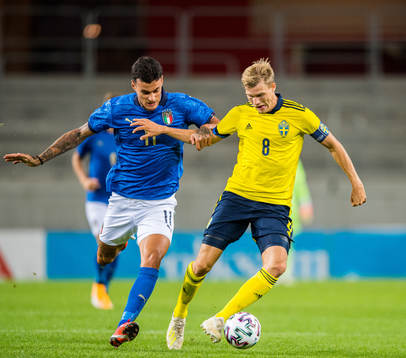 Gianluca Scamacca of Italy and Svante Ingelsson of Sweden