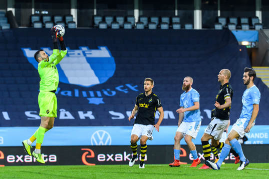 Malmö FFs Marcus Antonsson räddar framför Malmö FFs Jo