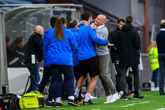 Henrik Pedersen, head coach of Strømsgodset, celebrates