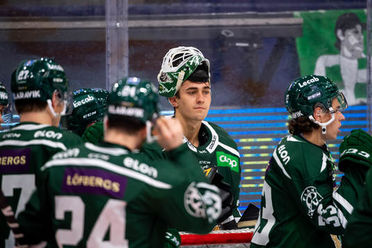 Färjestads målvakt Arvid Holm deppar