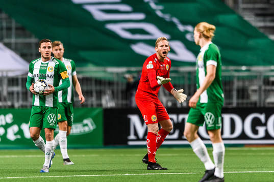 Jeppe Andersen and goalkeeper David Ousted of Hammarby look