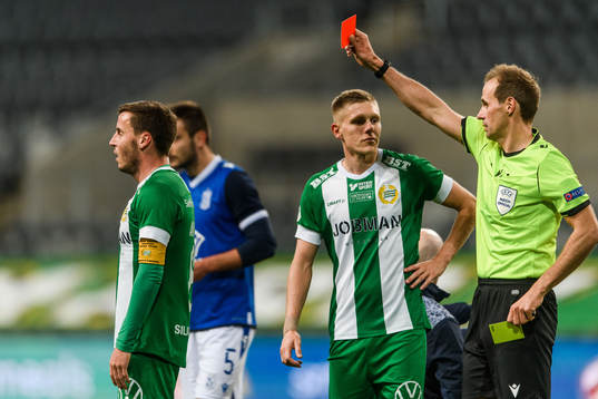 Jeppe Andersen of Hammarby receives a red card from referee