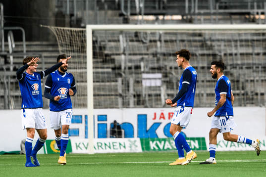 Players of Lech Poznan celebrate the 0-3 goal