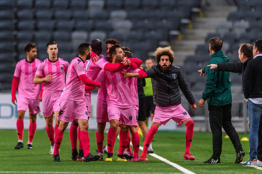 Álex Quillo of Europa FC celebrates the 1-1 goal