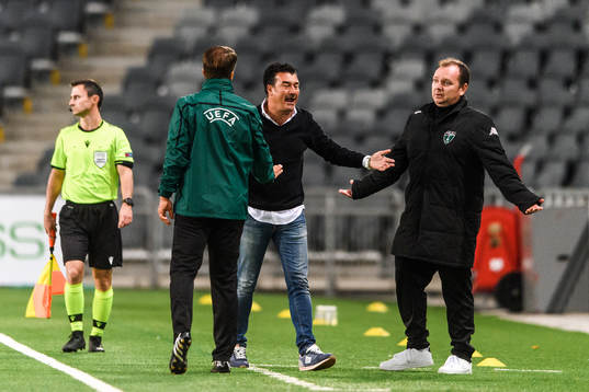 Head coach Rafael Escobar of Europa FC reacts