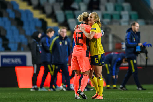 Goalkeeper Jennifer Falk and Magdalena Eriksson of Sweden