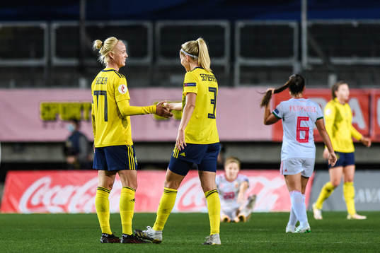 Caroline Seger and Linda Sembrant of Sweden celebrate