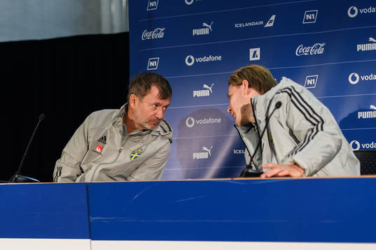 Peter Gerhardsson, head coach, and Fredrik Madestam, media
