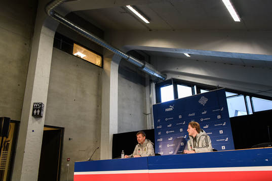 Peter Gerhardsson, head coach, and Fredrik Madestam, media