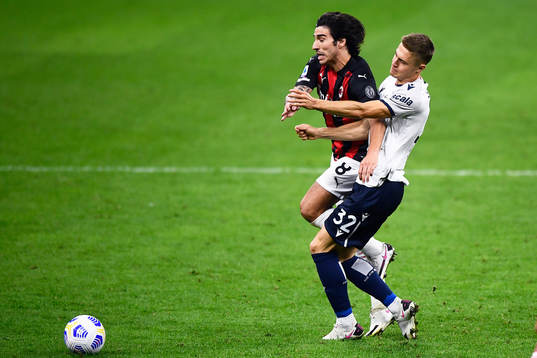 Mattias Svanberg of Bologna against Sando Tonali of AC Milan