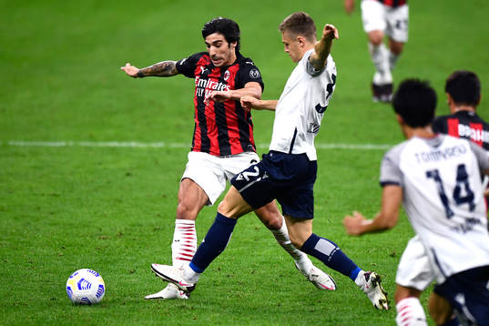 Mattias Svanberg of Bologna against Sandro Tonali of AC
