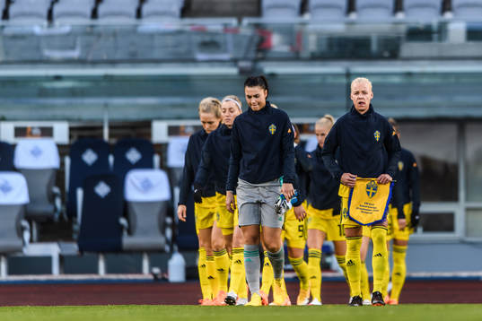 Goalkeeper Zecira Musovic and Caroline Seger of Sweden