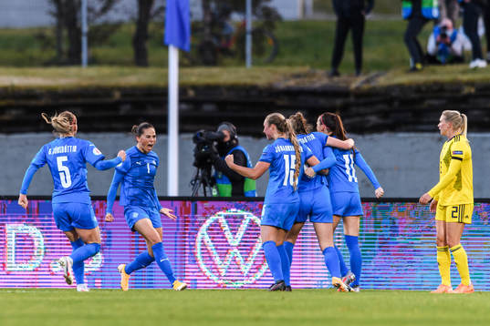 Sara Björk Gunnarsdottir of Iceland celebrates a denied