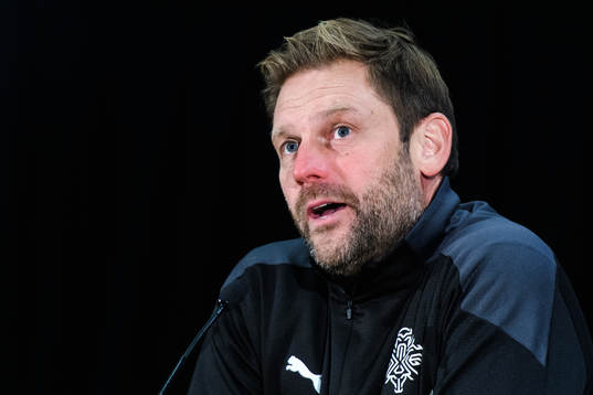 Head coach Jon Thor Hauksson of Iceland at a press